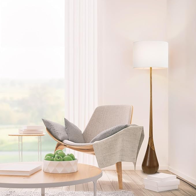 GLOBE Electric Novogratz x Harrington 65" Floor Lamp, 2-Tone Faux Wood Base, White Fabric Shade, Socket Rotary Switch 67225