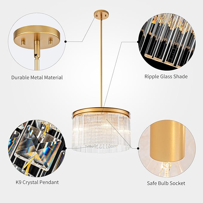 4-Lights Drum Glass Chandelier, Modern Style Light Fixture for Dining Room, Bedroom, Ripple Glass Shade & Brass Finish, D16.5 * H18~48 inch (Adjustable Height)