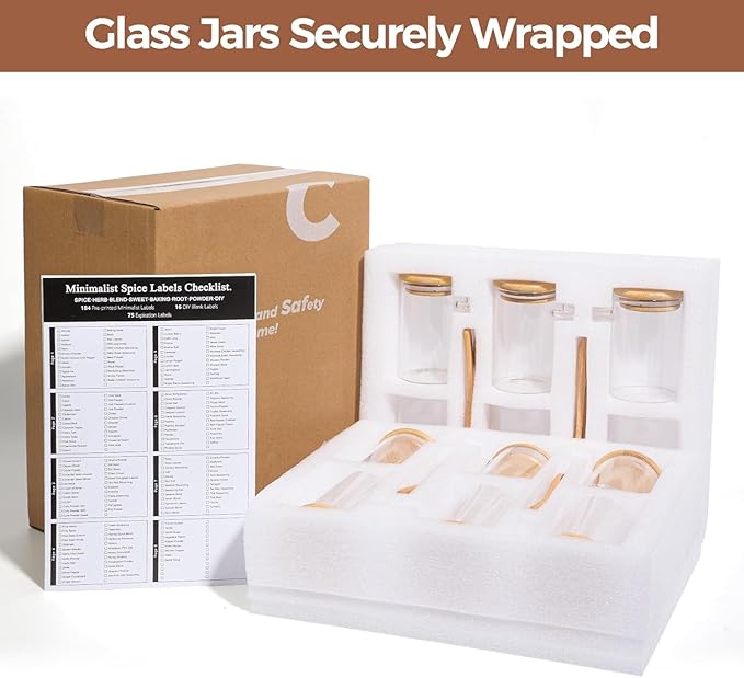 ComSaf Spice Jars with Spoon 8 oz 6Pack, Small Spice Containers Starter Set, Glass Seasoning Jars with Labels, Round Seasoning Containers for Salt, Pepper, Chili Powder, Sugar, Loose Tea Storage