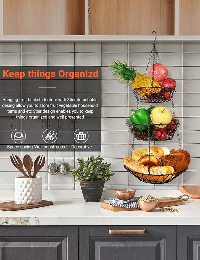 3 Tier Hanging Basket with Sturdy Metal Chain Hanging Hooks Fruit and Vegetable Basket Heavy Duty Wire Organizer Space Saving Rustic Country Style Kitchen Storage