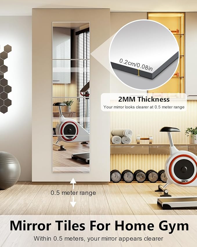 Full Length Wall Mirror Tiles, 12'' x 12'' x 4PCS, Acrylic Unbreakable Full Body Mirror for Bedroom Squares Shatterproof Mirror Sheets Wall Mounted for Home Gym Door Plexiglass Mirrors Safe for Kids