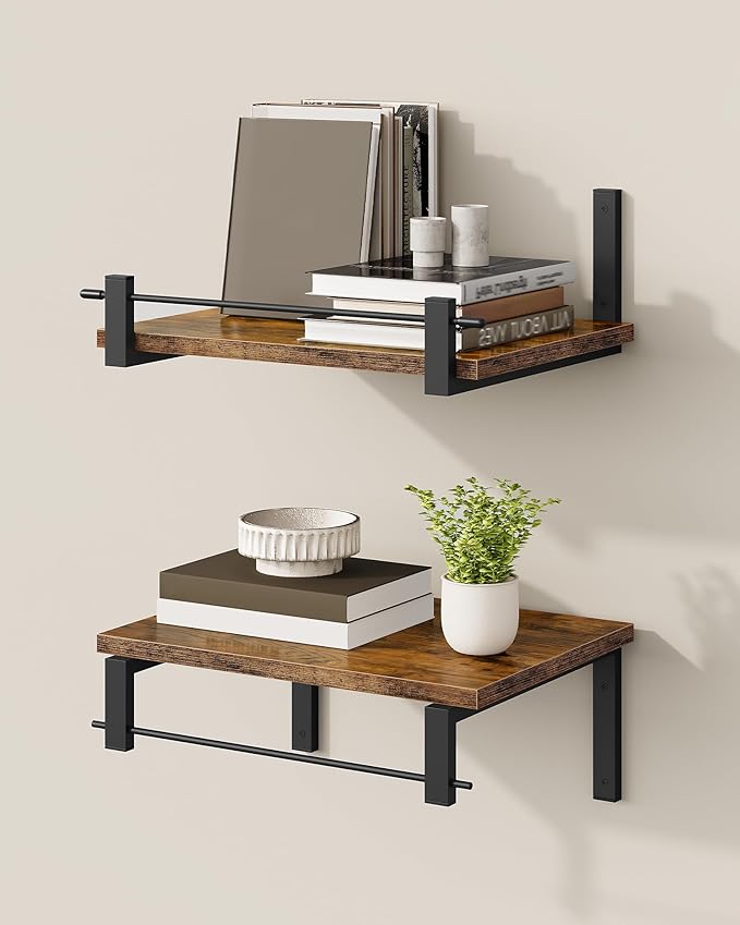 Deep Floating Shelves for Wall, 12 inch Wall Mounted Shelves Set of 2, Wide Floating Shelves for Living Room, Bedroom, Study, Bathroom, Rustic Brown and Black TBJ02P2BF