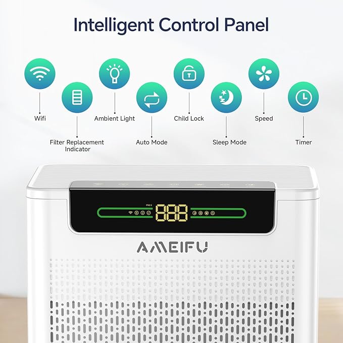 AMEIFU Air Purifiers for Home Large Room, Up to 2400 ft² with Smart WiFi APP Control, Hepa Air Purifier with Washable Filters, PM 2.5 Display for Bedroom, Pets Hair, Pollen, Dander, Smoke