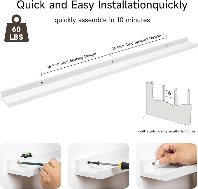 Fun Memories Picture Ledge Shelf, 48 Inch Floating Shelves Set of 2, Large Nursery Book Shelves for Toys Storage, Kids Bookshelf Wall Mounted for Wall Decor Books Photo Frames, White