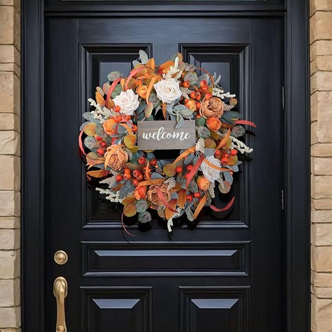 Fall Wreath for Front Door, 24 Inch Autumn Wreath with lamb's Ear Leaves, Roses, Berries & Wooden Sign,Fall Decorations for Home, Artificial Flowers Harvest and Thanksgiving Indoor & Outdoor
