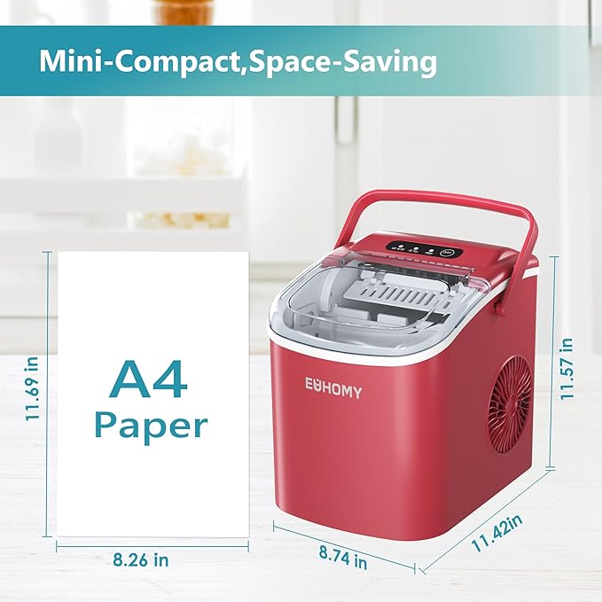 EUHOMY Countertop Ice Maker Machine with Handle, 26lbs Per Day, 9 Ice Cubes Ready in 6 Mins, Auto-Cleaning Portable Ice Maker with Basket and Scoop, for Home/Kitchen/Camping/RV (Red)