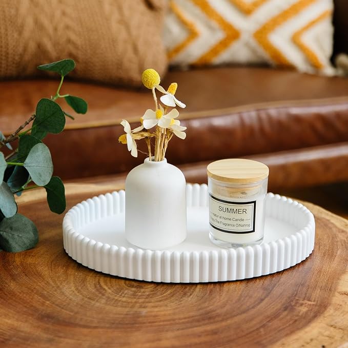 11.8in Decorative Tray for Coffee Table Decor- Modern Oval Concrete Tray for Home Decor- Minimalist Handcrafted Centerpieces Tray for Living Room, Kitchen Dining Table, Entryway (White)