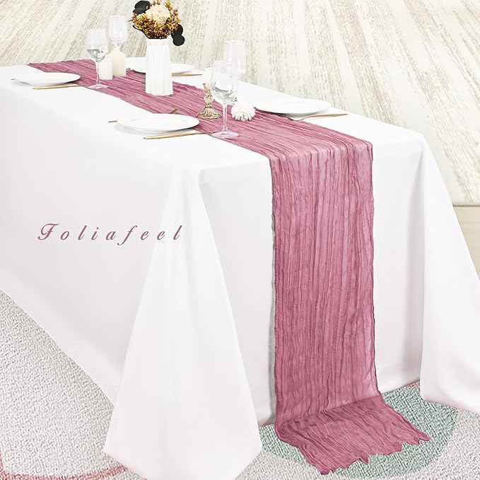 12 Pack Dusty Rose 10FT Cheesecloth Table Runner 20 x 120 Inch Long Rustic Gauze Fabric Cheese Cloth Table Runner for Wedding Bridal Baby Shower Table Decorations Boho Sheer Birthday Party Table Decor
