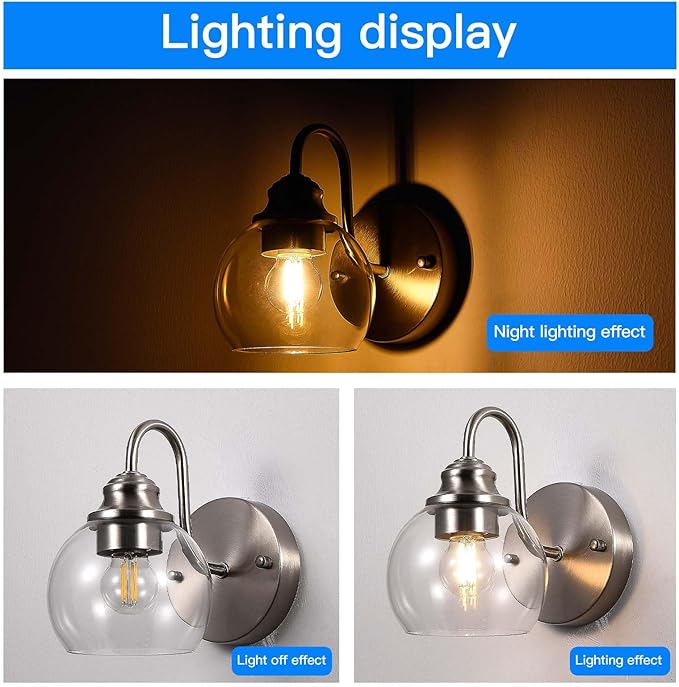 Farmhouse Gooseneck Wall Sconces Set of Two, Bathroom Brushed Nickel Vanity Light, Modern Indoor Wall Light Fixtures with Clear Glass for Bathroom Beside Mirror Living Room Hallway(Brushed Nickel)