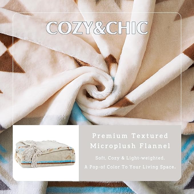 CASAAGUSTO Boho Throw Blanket - Green and Beige Decorative Blankets with Tassel, Printed Flannel Bohemian Blanket for Chair, Bed, Sofa, Couch(60 * 80, Green and Beige)