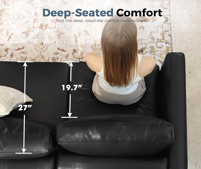 Faux Leather Single Sofa with Storage Ottoman, Modern Accent Chair Deep Seat Large Reading Armchair, Chaise Lounge Chair for Living Room Bedroom Office Black