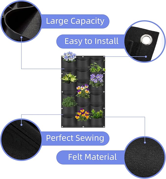 18 Pockets Hanging Planter Bags, Hanging Vertical Wall Mounted Plant Planting Grow Bags, Herb Garden Planter Outdoor Indoor Growing Bag, Gardening Vertical Greening Flower Container(1m×0.5m, Black)