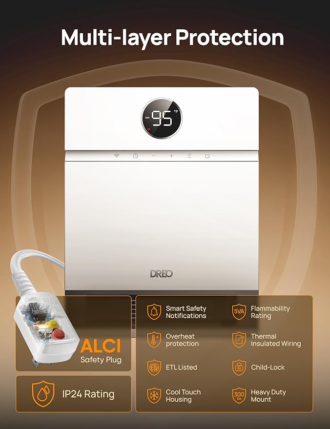 Dreo Smart Wall Heater, IP24 Electric Space Heater with ALCI Plug for Indoor Use, 30° Oscillation, Adjustable Thermostat, Remote Control, Works with Alexa, 24H Timer, Easy-mounted Heater for Bathroom