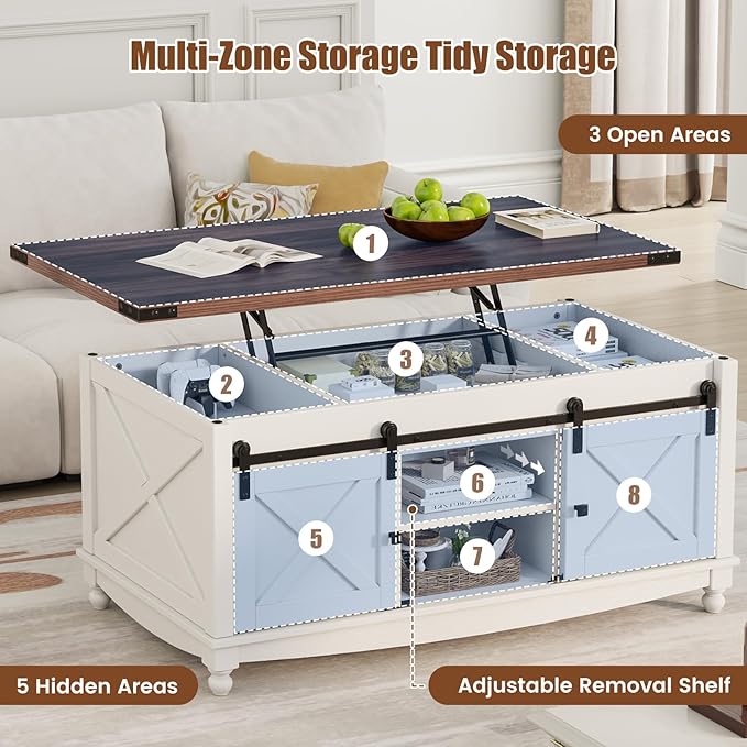 48" Farmhouse Lift Top Coffee Table with Storage Sliding Barn Door & Large Hidden Compartment, Coffee Table with Lifting Top with Wooden Lift Tabletop, Coffee Tables for Living Room, White