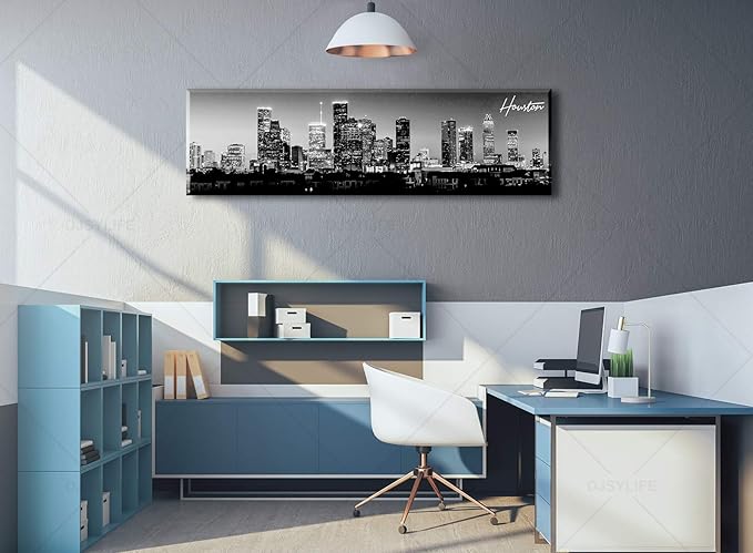 DJSYLIFE Houston Skyline Canvas Wall Art Decor Black & White City Pictures Painting Texas Cityscape Photo Print Artwork for Office Bedroom Living Room Walls Decoration Ready to Hang 13.8"x47.3"