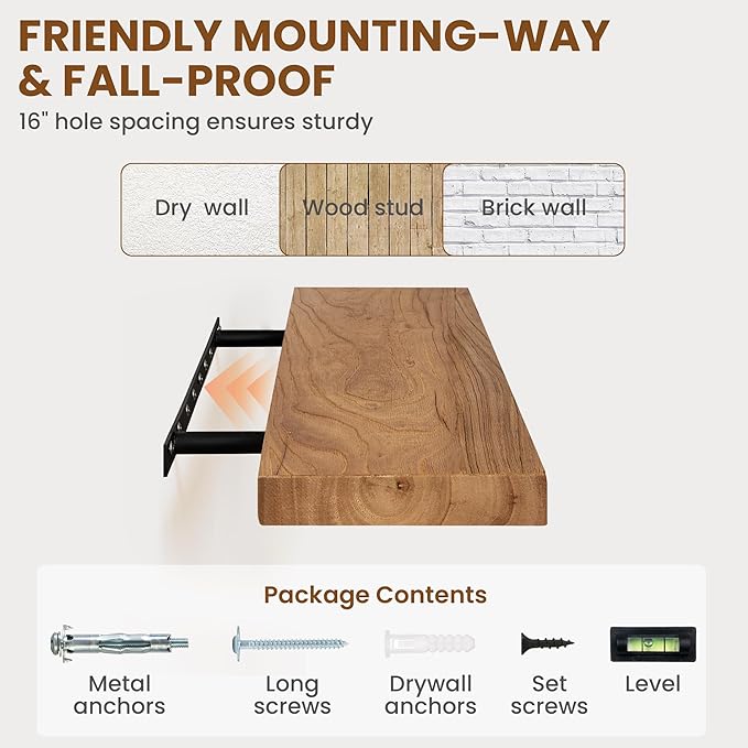 Fun Memories Rustic Elm Wood Floating Shelves for Wall, 48" Floating Shelf Wall Mounted, Long Floating Disply Shelf with Heavy-Duty Bracket for Living Room, Kitchen, Bathroom, Natural Color, Set of 1