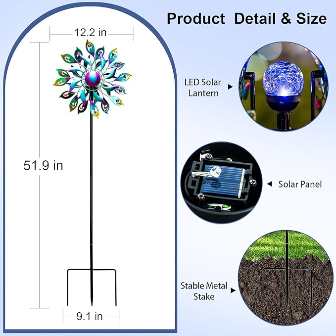 360°Peacock Solar Wind Spinner with Lights Blue Metal Garden Outdoor Decor Yard Lawn Art Decor for Patio Kinetic Windmills Unique Gifts for Friends and Family 51.9' H x 12.2'' Dia