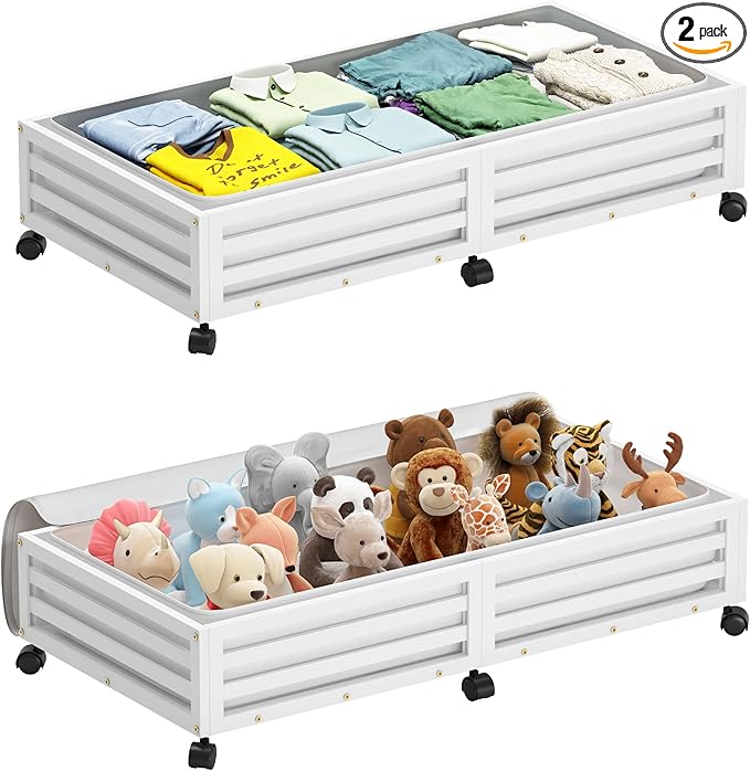 Bamboo Under Bed Storage Containers- Underbed Organizer with Wheels with Large Dust Bag,Sturdy Wood Rolling Under the Bed Shoe Storage Organizer Drawer 2 Packs (White, Long)