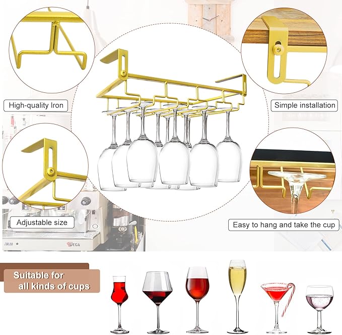 AUHOKY Adjustable Wine Glass Holder Under Shelf, Nail Free Metal Stemware Holder Storage Hanger, Hanging Wine Glasses Rack Organizer Under Cabinet Mount for Bar Kitchen (4 Rows, Gold)