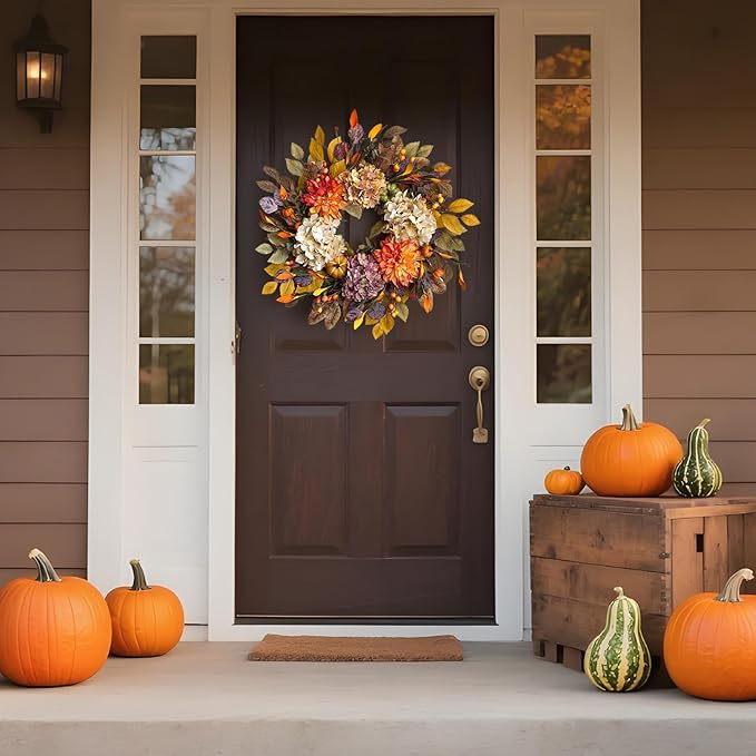 24Inch Fall Wreaths for Front Door,Fall Wreath with Beige Hydrangea,Orange Dahlia Artificial Flowers,Pumpkins,Autumn Wreaths for Harvest Thanksgiving Halloween Indoor Outdoor Home Decor