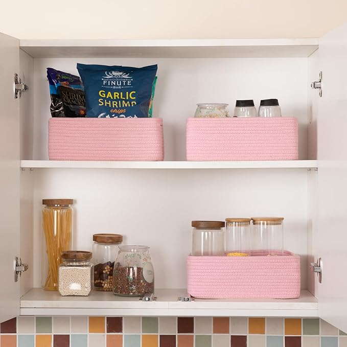 3 Pack Small Storage Baskets for Organizing, Cute Woven Decorative Gift Baskets for Shelves, Mini Closet Organizer Bins with Handles, 11.81''Lx7.87''Wx4.72''H-Pink