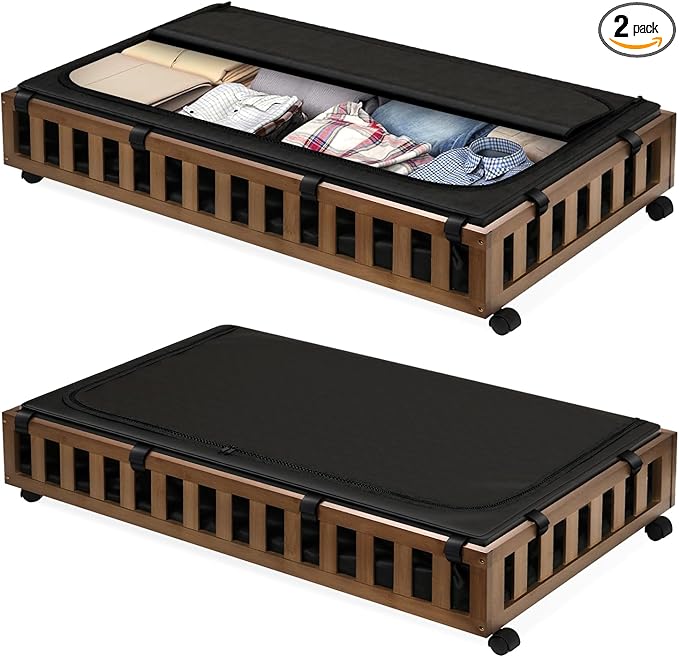 2 Pack Bamboo Under Bed Storage with Wheels, 39”x20”x7.8” Lager Under Bed Storage Containers (Brown)