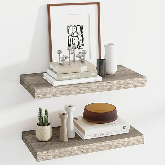 24 Inch Floating Shelves, 11.6 Inch Deep Floating Shelves for Wall, Floating Shelf with Invisible Brackets, Deep Shelves for Bathroom, Bedroom, Living Room, 2 Pack, Vintage Gray Oak