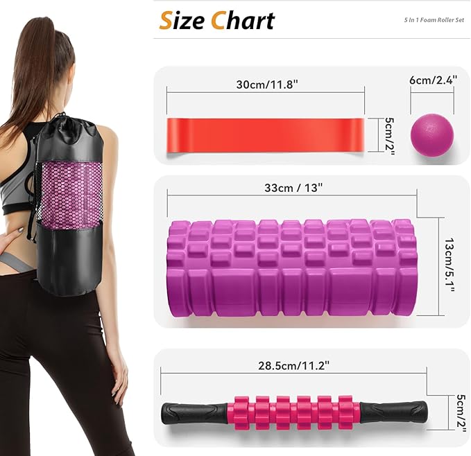 5 in 1 Foam Roller Set for Deep Tissue Muscle Massage, High Density Fitness Exercise Foam Roller, Massage Roller, Massage Ball, Resistance Band, for Whole Body (Pink-Black)