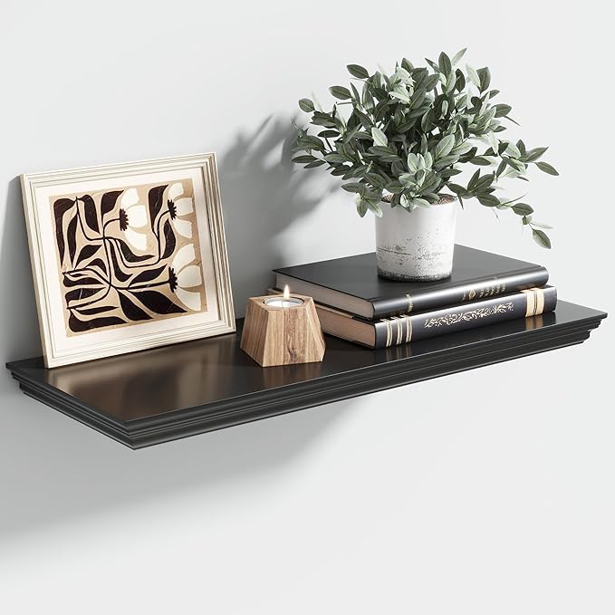 Floating Shelves for Wall, 24 Inch Long Wall Mounted Black Hanging Shelf for Kitchen, Living Room, Office, Bedroom, Bathroom, Retro Vintage Wood Bookshelf for House Decor