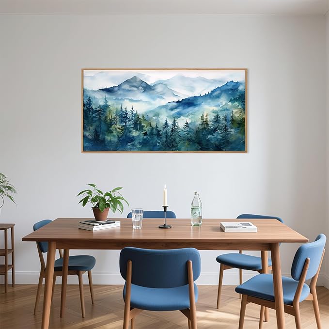 Celestdeco Blue Ridge Mountains Forest Framed Canvas Wall Art Set, Natural Landscape Wall Decor, Green Pine Trees Wall Painting, Woodland Artworks for Living Room, Bedroom, Dining Room - 20"x40"