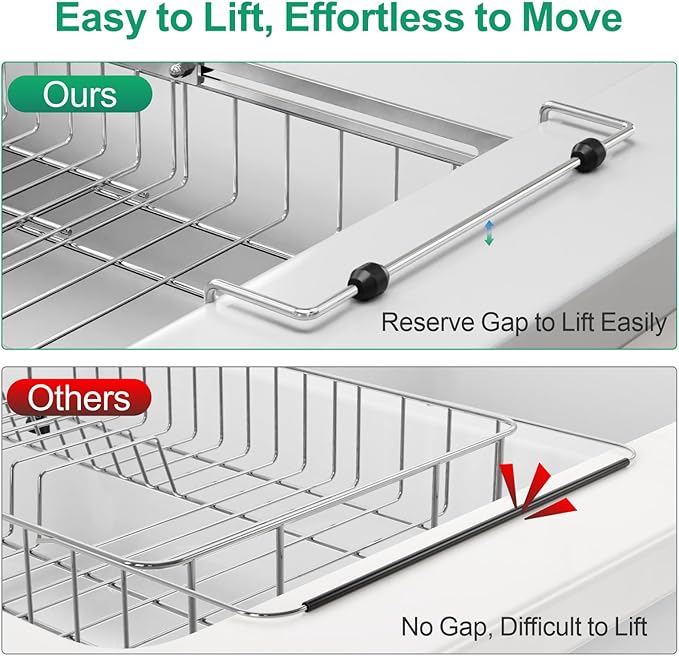 GSlife Expandable in Sink Dish Drying Rack - Stainless Steel Capacity Adjustable Over The Sink Dish Rack (13.4''-20.4''), Dish Drainer for Kitchen Sink Counter with Utensil Holder, Silver