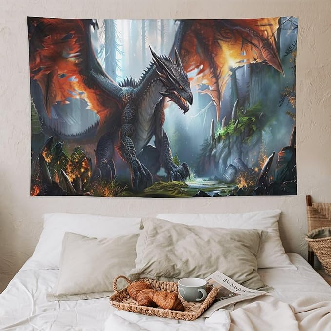 Dinosaur Tapestry Dragon Tapestries Fabric Wall Hanging Aesthetic Space Indoor Outdoor Wall Art Tablecloth Bedspread Decoration for Boy’s Bedroom Dormitory Living Room Home Decor 60"x90"