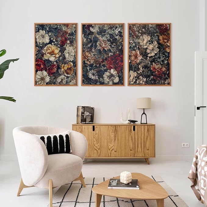 Aurlan Dark Moody Boho Wildflowers Wall Art Set(16"x24"), 3 Pieces Vintage Mid Century Modern Floral Framed Canvas Artwork, Large French Penoy Botanical Wall Decor for Office Bedroom Living Room