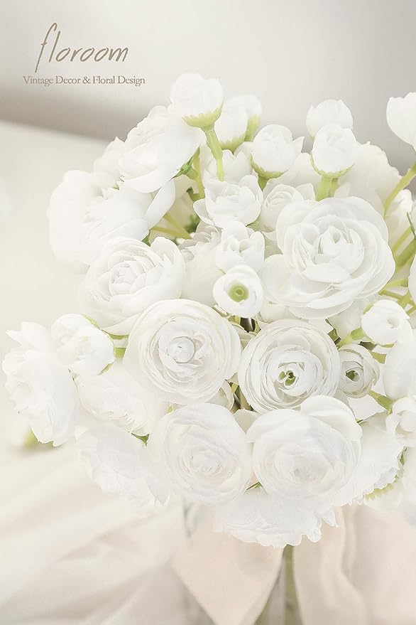 Floroom Ranunculus Artificial Flowers 18 Pcs White Faux Silk Mini Ranunculus Bulk Fake Wedding Filler Flowers for DIY Bouquets, Centerpieces, Bridal Shower Decorations & Arrangements