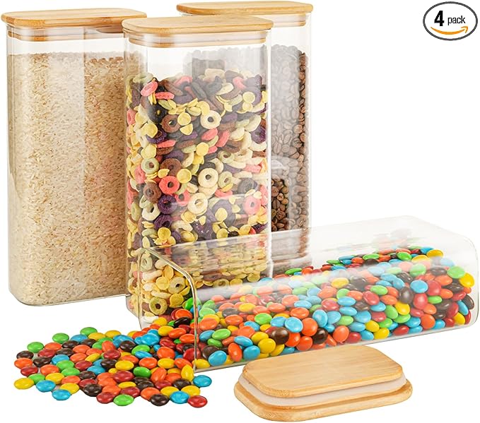 64oz Rectangle Airtight Glass Storage Containers with Bamboo Lids (Set of 4), Square Food Storage Jar, Pantry Organizers for Cereal, Flour, Pasta and Coffee beans (‎with Black Lable)