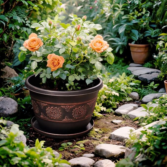 6 Pack 8 inch Plant Pots, Retro Pattern Planters with Drainage Holes and Saucer, Sturdy Plastic Garden Flower Pots for Indoor & Outdoor Plants