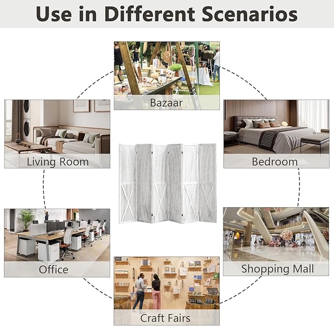 6 Panel Pegboard Room Divider, 5.6Ft Pegboard Display Folding Privacy Screens, Wood Room Divider Peg Board Display Freestanding for Trade Show Craft Show Home Wall Organizer, Retro White