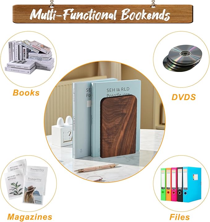 Book Ends, Black Walnut Wooden Bookends for Shelves - Heavy Duty Non-Slip Book Organizers, Upgraded Large Decorative Bookend Holders for Home, Kitchen, Office, Set of 2, Large