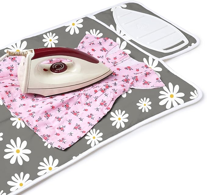 Encasa Homes Ironing Mat/Pad (Small 28"x20") with 3mm Padding & Silicone Iron Rest for Steam Pressing on Tabletop or Bed - Heat Resistant, Portable, Quilting & Travel Blanket - Daisy Grey