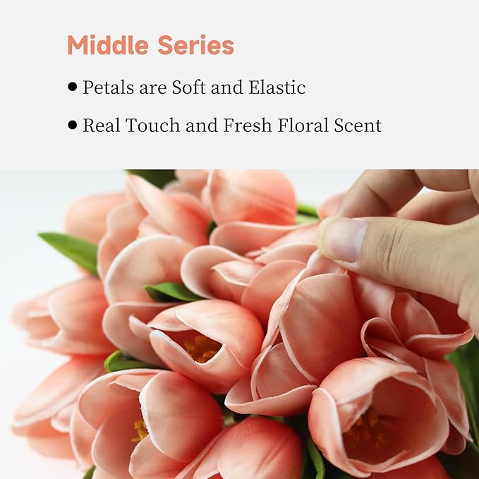 Buart Artificial Tulip in Bulk for Home Kitchen Wedding Bridal Bouquet,Fake Flowers for Valentine's Day Mother's Day Easter Table Centerpieces Decorations(Peach,Real-Touch,12pcs)