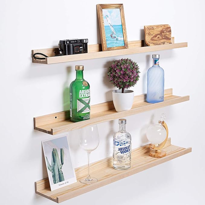 AZSKY 48 Inch Large Wood Floating Shelves for Wall Set of 3, Rustic Natural Picture Ledge Shelf Decor for Bedroom Kitchen Bathroom Living Room Nursery Display, 3 Same Sizes