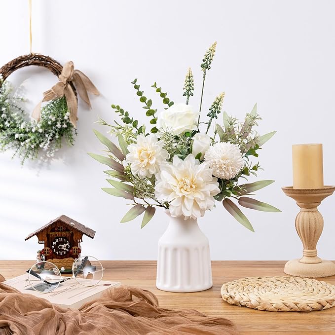 Fake Flowers in Vase, Artificial Flowers with Vase, 15.7'' Floral Arrangements for Dining Table Centerpiece Decor, Silk Roses & Faux Dahlia Bouquet for Farmfouse Kitchen Coffee Table Decor (White)