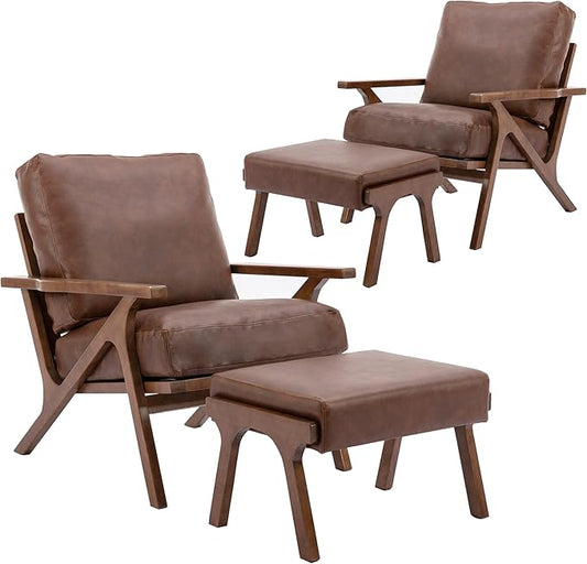 chairus 2 Sets Mid-Century Modern Accent Chairs with Ottoman, Faux Leather Armchair with Wood Legs Comfy Upholstered Single Sofa Chair for Living Room/Bedroom/Lounge, Brown