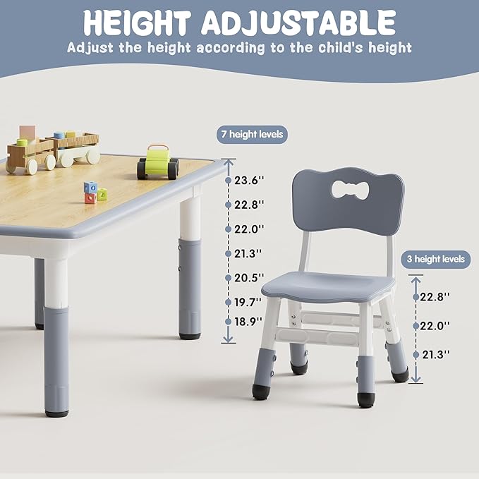 Brelley Kids Table and 4 Chairs Set, Height Adjustable Toddler Desk and Chair Set, Graffiti Desktop, Non-Slip Legs, Max 300lbs, Children Multi-Activity Table for Ages 2-8