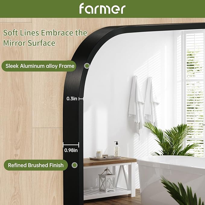 FARMER 20x28 Inch Black Bathroom Mirror, Rectangle Vanity Mirror, Brushed Mirrors for Wall, Metal Frame Hanging Mirror with Round Corner for Bedrooms, Entryways, Living Rooms, Horizontal/Vertical