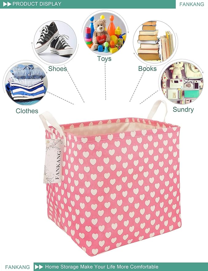 FANKANG Square Nursery Hamper Storage Bins Canvas Laundry Basket Foldable with Waterproof PE Coating Storage Baskets Gift Baskets for Children, Office, Bedroom, Clothes（Square-Pink Heart ）