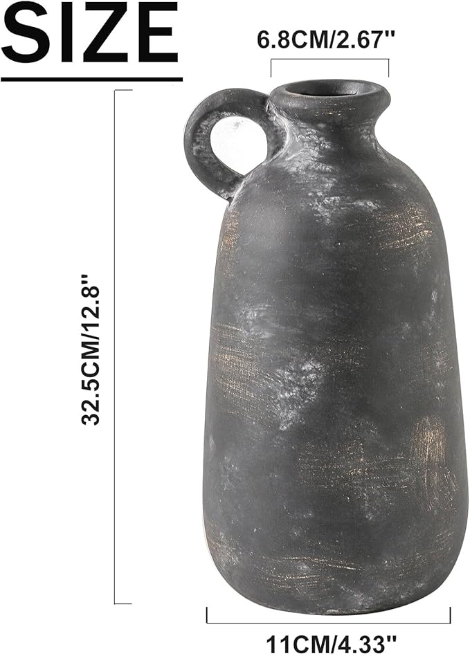 Ceramic Rustic Farmhouse Vase, 12.8" Large Rustic Black Pottery Vases Home Decor Decorative Boho Pampas Vase for Home Decor Table Living Room Decoration Shelf Mantel Enryway Kitchen