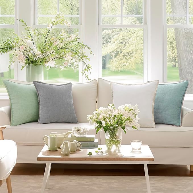 decorUhome Chenille Soft Throw Pillow Covers 18x18 Set of 2, Farmhouse Velvet Neutral Decorative Euro Pillow Covers with Stitched Edge for Couch Sofa Bed Home Decor, Aqua Haze