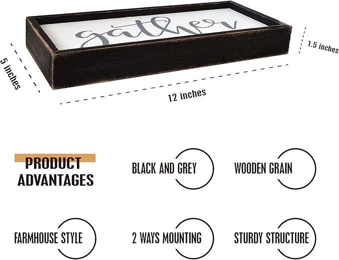 Gather Sign for Home Decor in Grey - Farmhouse Kitchen Dining Room Wall Decor - Rustic Wall Decoration Solid Wood Thick Black Frame 12x5 Inches