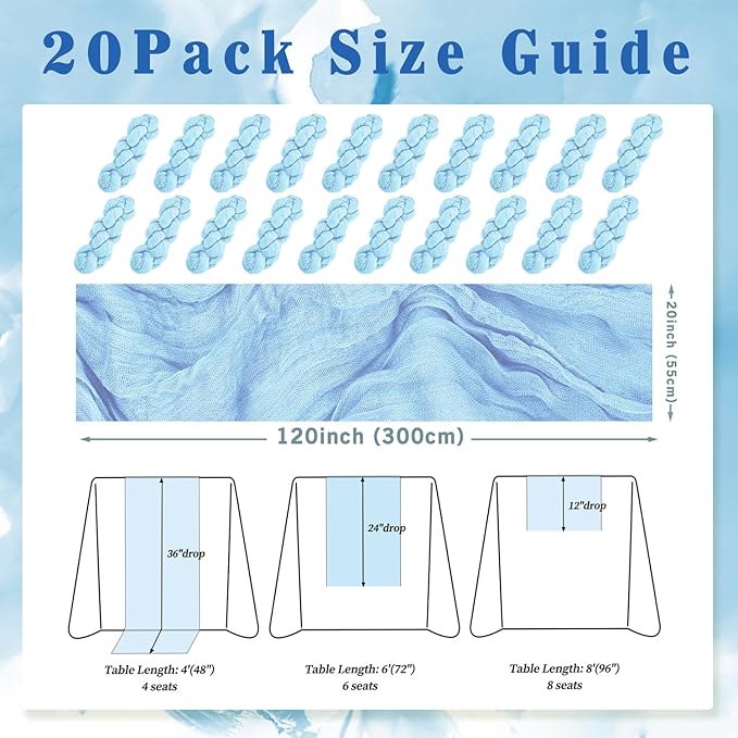 20 Pack Baby Blue Cheesecloth Table Runner 20 x 120 Inch Long Rustic Gauze Cheese Cloth Table Runner for Wedding 10FT Bridal Baby Shower Table Decorations Boho Fabric Sheer Birthday Party Table Decor